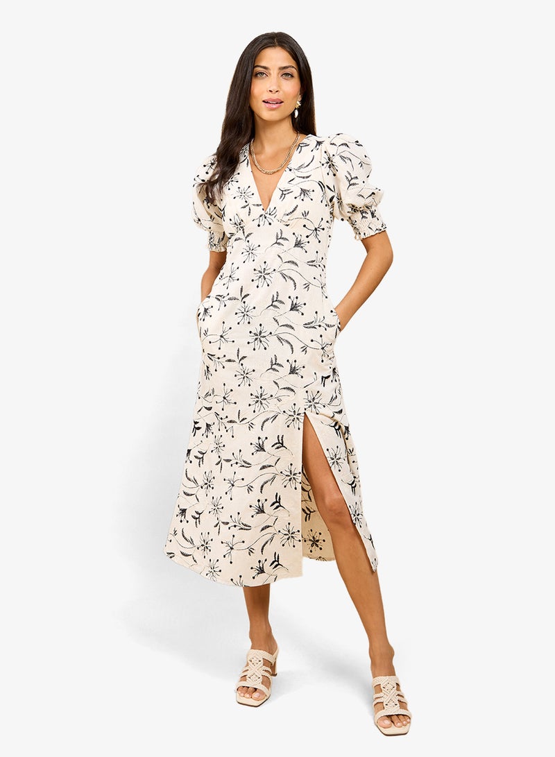 Little Mistress Natural embroidered Midi Dress - Image 1